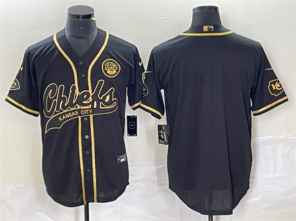 Men??s Kansas City Chiefs Blank Black Gold Cool Base Stitched Baseball Jersey